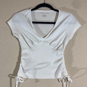 American Eagle Top Women S White Ribbed V Neck Babydoll Cap Sleeve‎ Ruched Tie